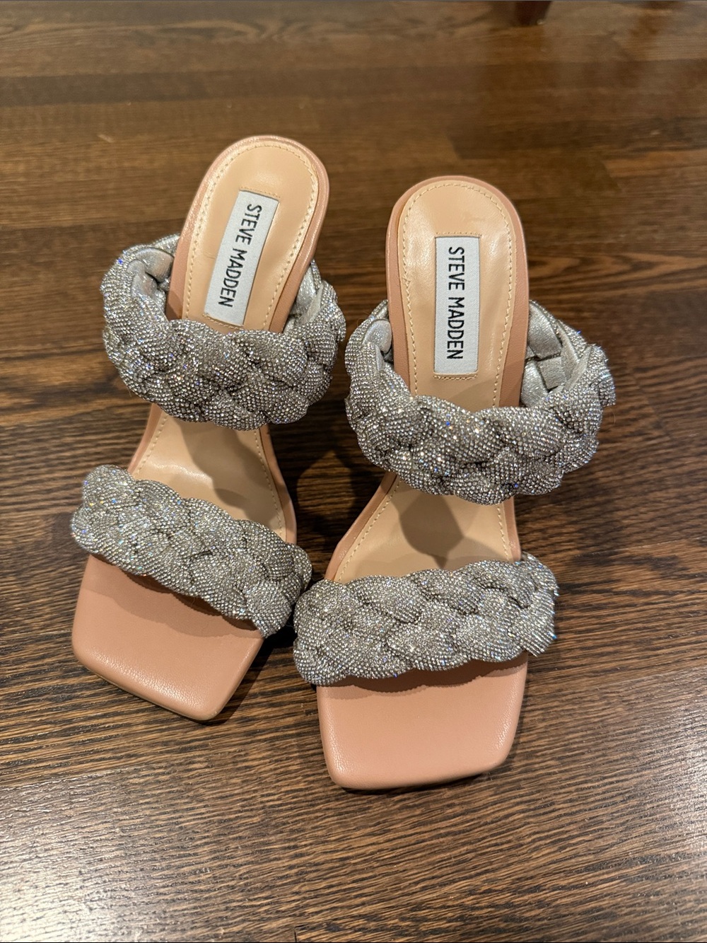 Steve Madden Silver Braided Crystal Two-Strap Heels